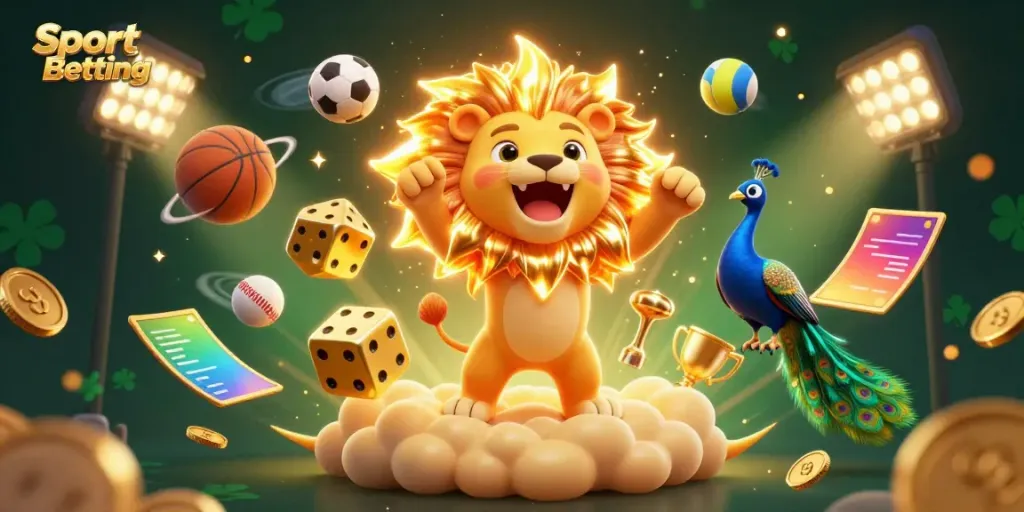 Sport Betting scene featuring a roaring lion and dynamic sports elements in vibrant 3D