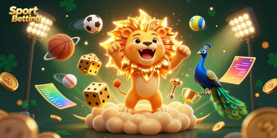 Sport Betting scene featuring a roaring lion and dynamic sports elements in vibrant 3D