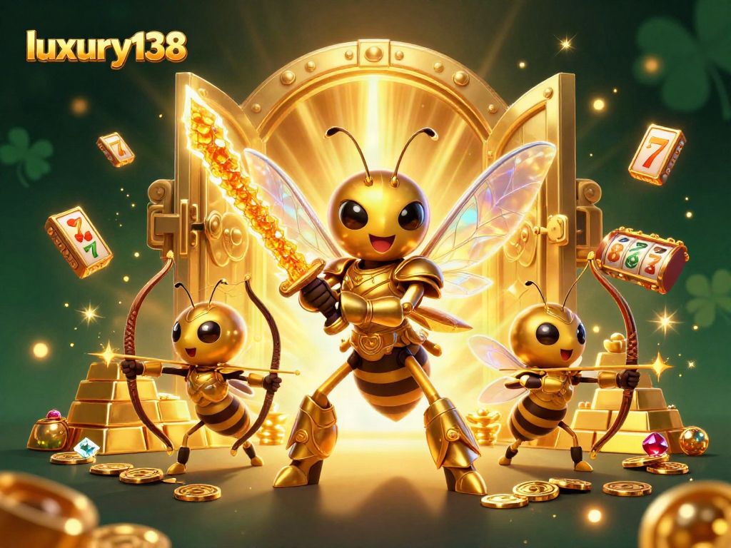 Engage in casino excitement with luxury138 as golden hornets and treasures come alive in a vibrant 3D illustration.