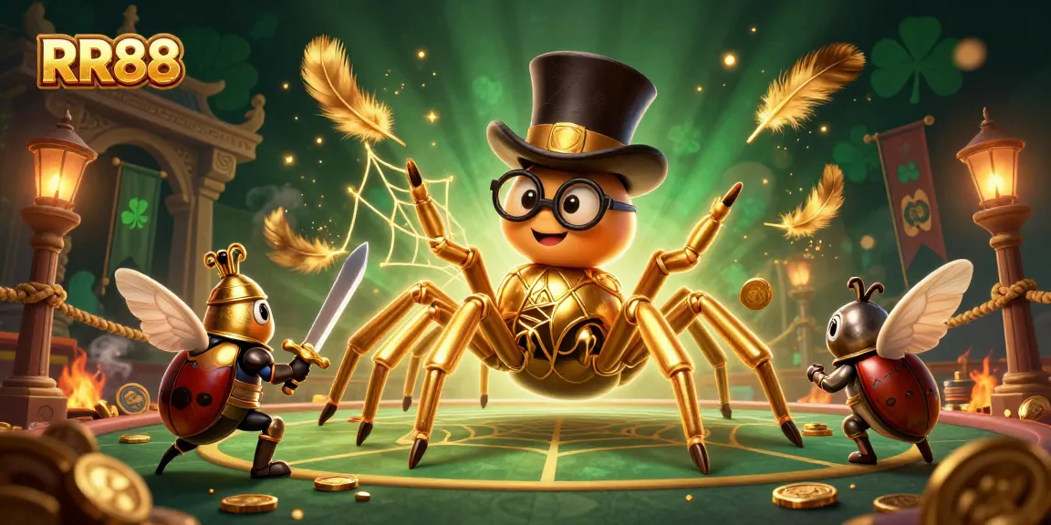 Experience thrilling action at RR88, featuring a giant golden tarantula and brave beetle knight in a dynamic casino arena.