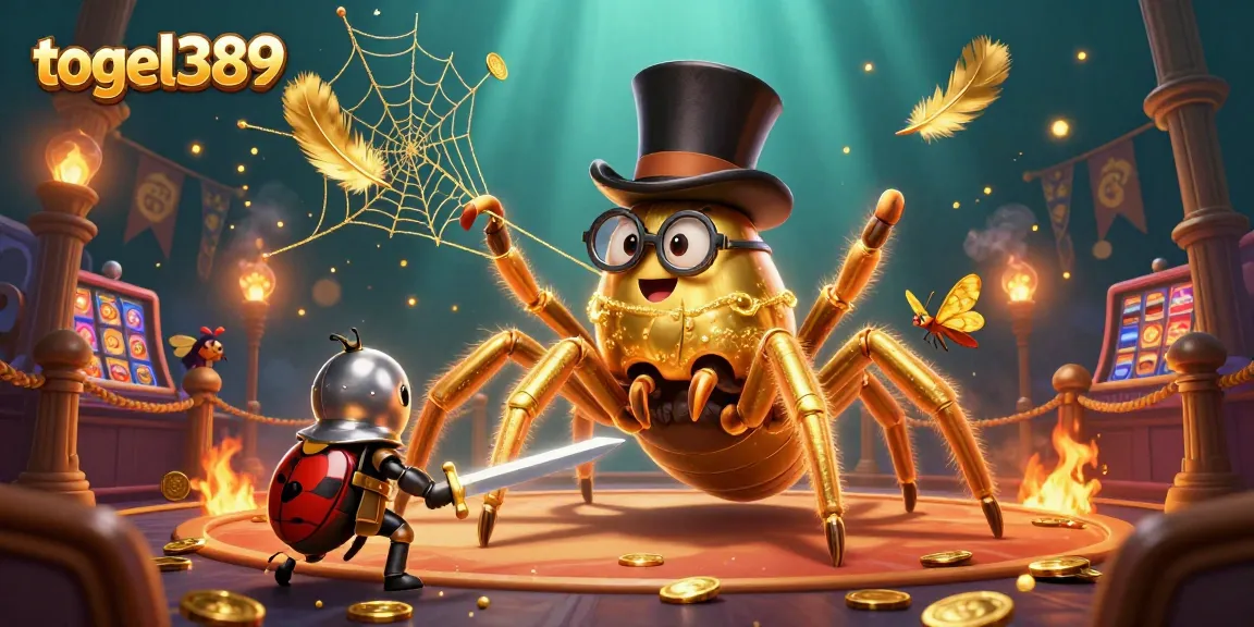Engage with togel389 through a vibrant casino-themed illustration featuring a golden tarantula and a beetle knight crafting winning strategies.