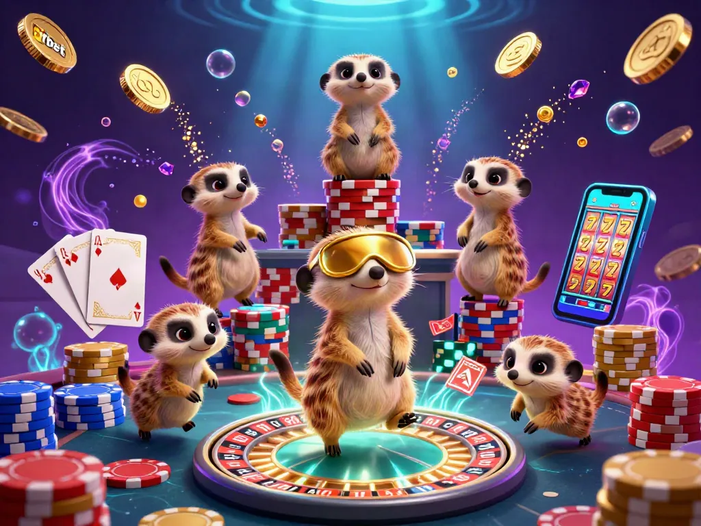 Experience thrilling gambling with Nbet as meerkats manage a vibrant casino scene, featuring games and excitement.