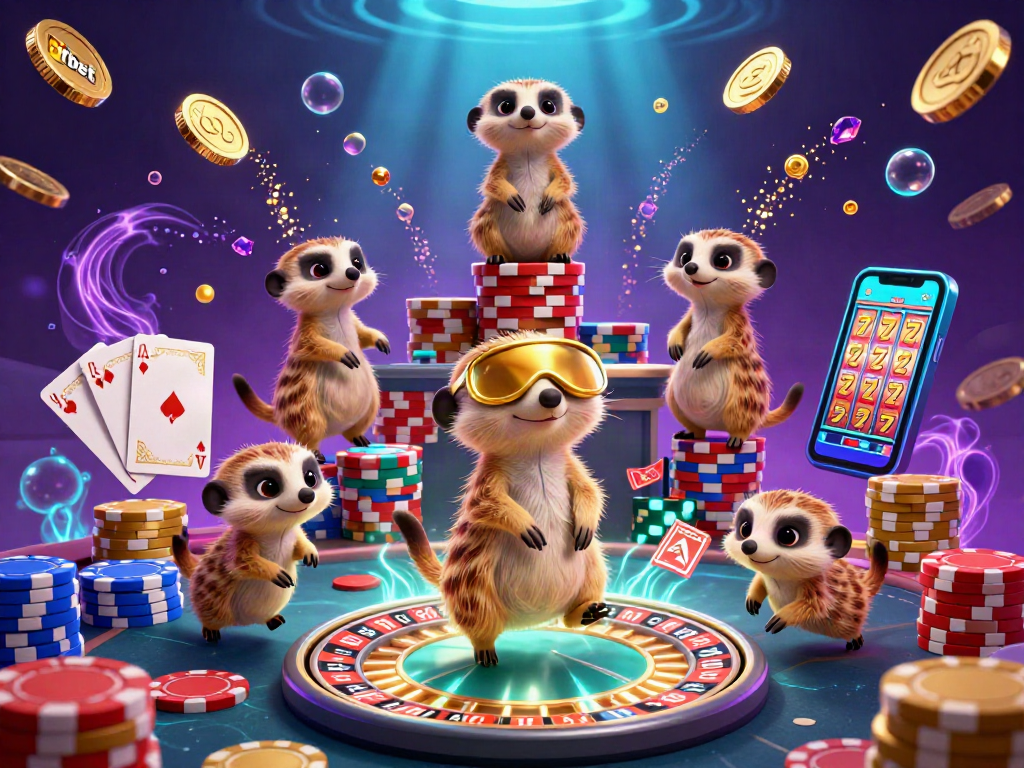 Experience thrilling gambling with Nbet as meerkats manage a vibrant casino scene, featuring games and excitement.