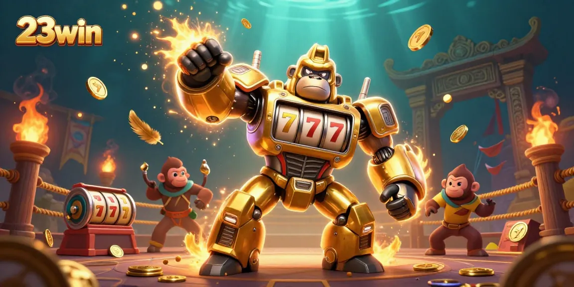 Engage with 23win's captivating casino adventure featuring a golden gorilla mech amidst dynamic game elements.