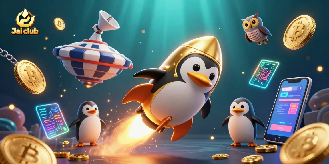 Join the excitement of Jai club as a golden penguin blasts through cosmic space toward a lively casino destination.