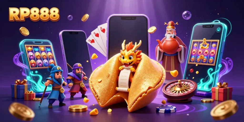 RP888 menghadirkan pengalaman slot modern dengan elemen kasino interaktif dalam ilustrasi 3D menarik.