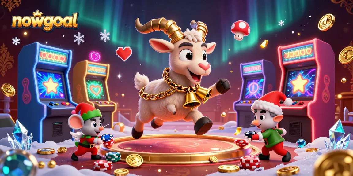 Bet on nowgoal as a Krampus goat mascot controls a lively casino scene filled with festive chaos.