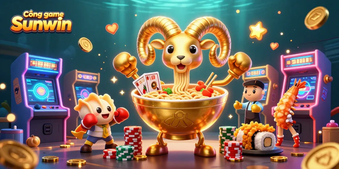 Cổng game Sunwin showcases a vibrant 3D casino scene packed with colorful arcade elements and engaging characters.