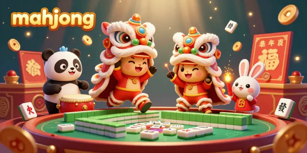 Bermain mahjong dengan suasana casino meriah di dalam gambar 3D yang penuh warna dan karakter imut.