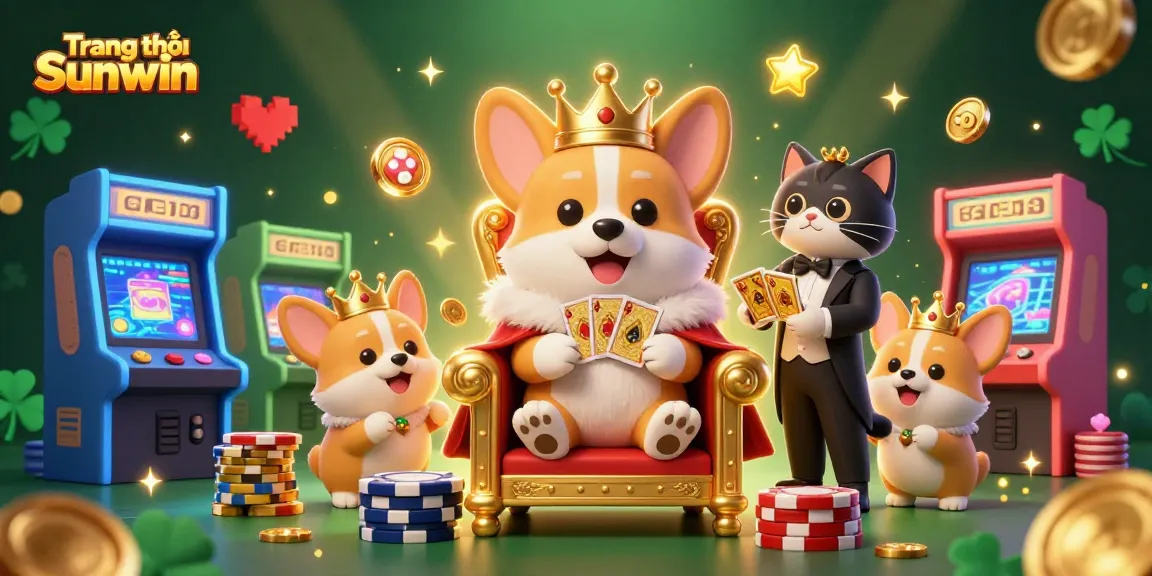Engage with Trang chủ Sunwin for thrilling gaming adventures, featuring a lavish royal corgi on a poker chip throne.