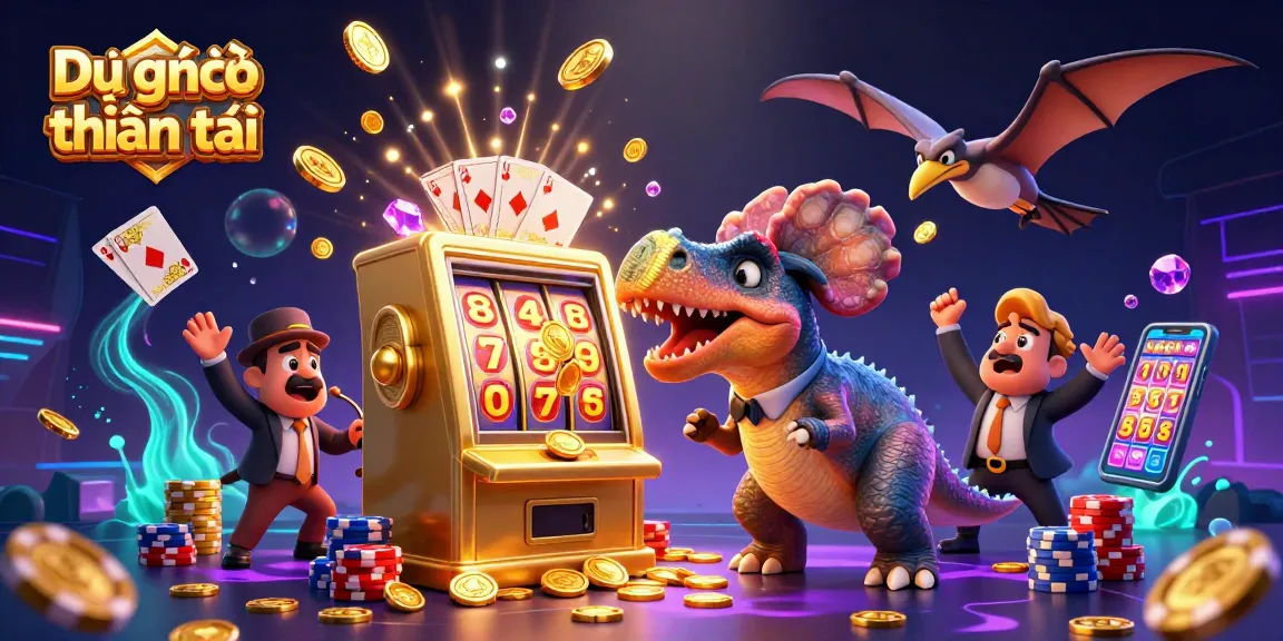 Dự đoán xổ số thần tài highlights vivid characters engaging in gambling with winning slot machines and flying coins