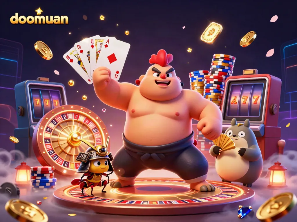 Doomuan delivers thrilling gambling excitement with a dynamic scene of colorful casino elements and characters.