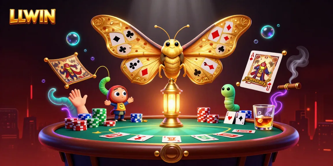 Engage with LLWIN's vibrant casino atmosphere, featuring a majestic moth and poker elements.