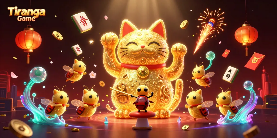 Tiranga Game illustration showcasing a giant lucky cat amidst casino symbols and glowing decor.