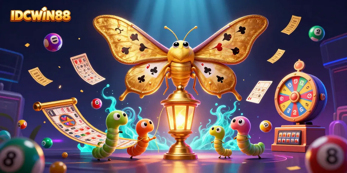 Playfully engaging with IDCWIN88’s vibrant casino elements through dynamic lottery balls and a golden moth.