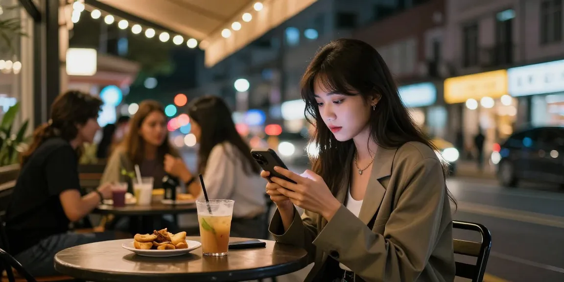 Gái gọi thư giãn tại quán cà phê ngoài trời với ánh đèn lung linh.