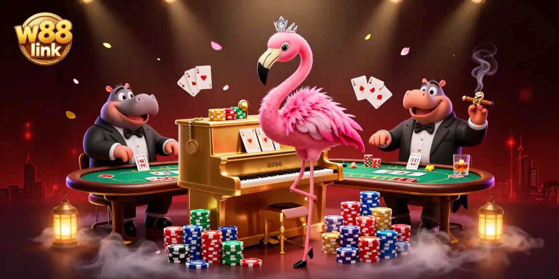 Join the excitement at W88 link with a vibrant casino scene full of colorful poker elements.