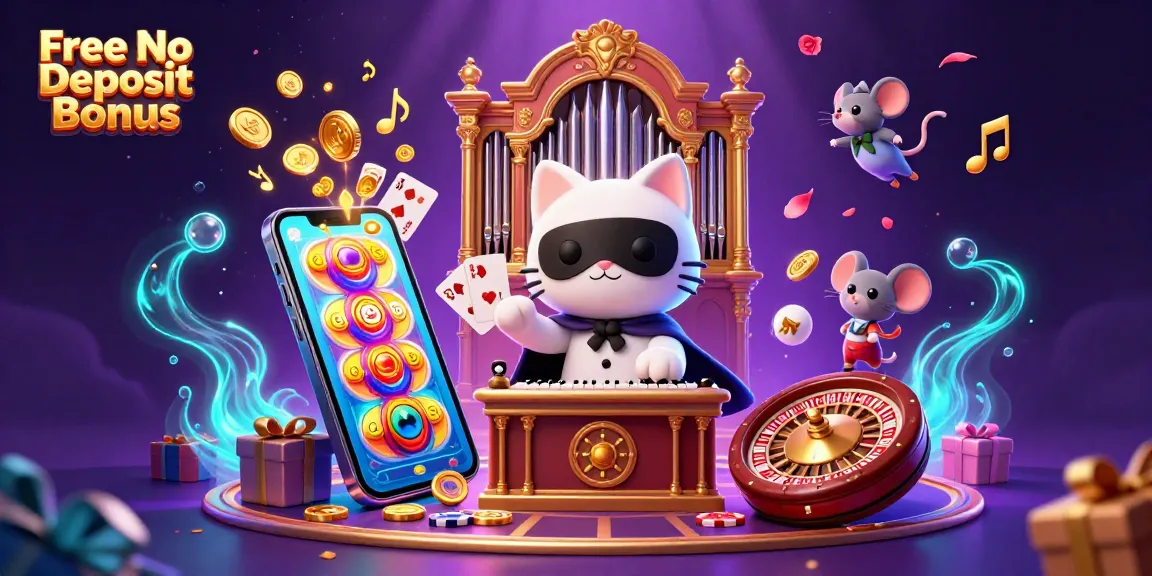 Unleash thrilling wins with Free No Deposit Bonus in a vibrant casino scene with cartoon characters.