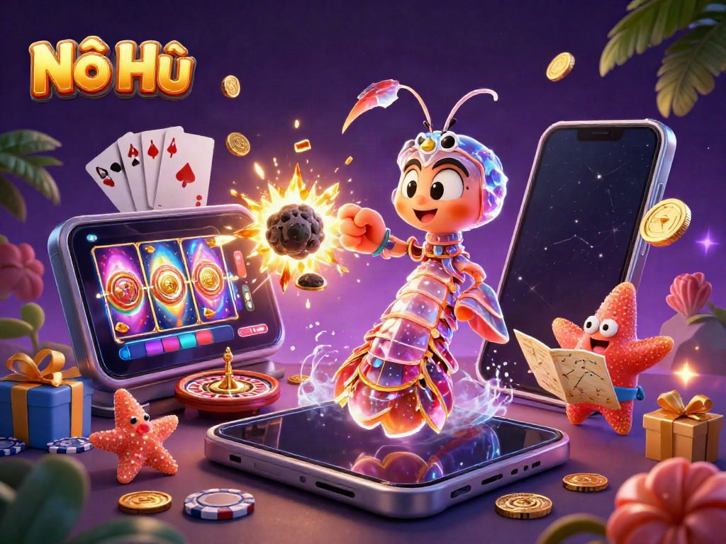 Nổ Hũ showcases a vibrant scene of a galactic mantis shrimp and starfish in a thrilling casino adventure with golden gems and coins.