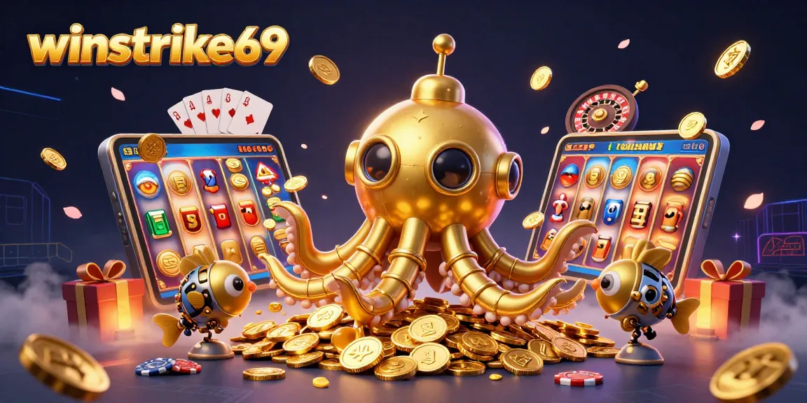 Experience the thrill of winstrike69 with a golden kraken submarine amidst vibrant casino game elements.