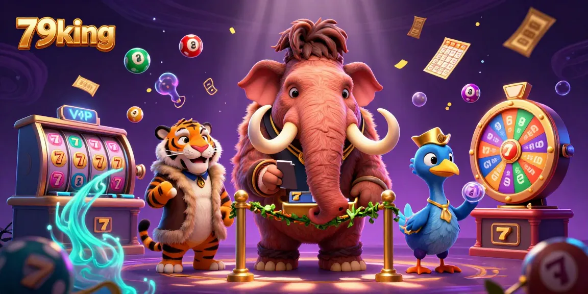 Experience thrilling wins at 79king as a saber-tooth tiger joins casino bouncers in a vibrant setting.