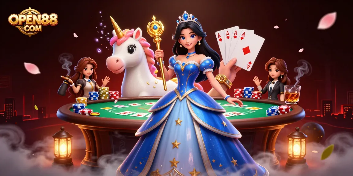 Engage in captivating gameplay with OPEN88 COM at this vibrant casino scene featuring a glamorous lady and a unicorn.