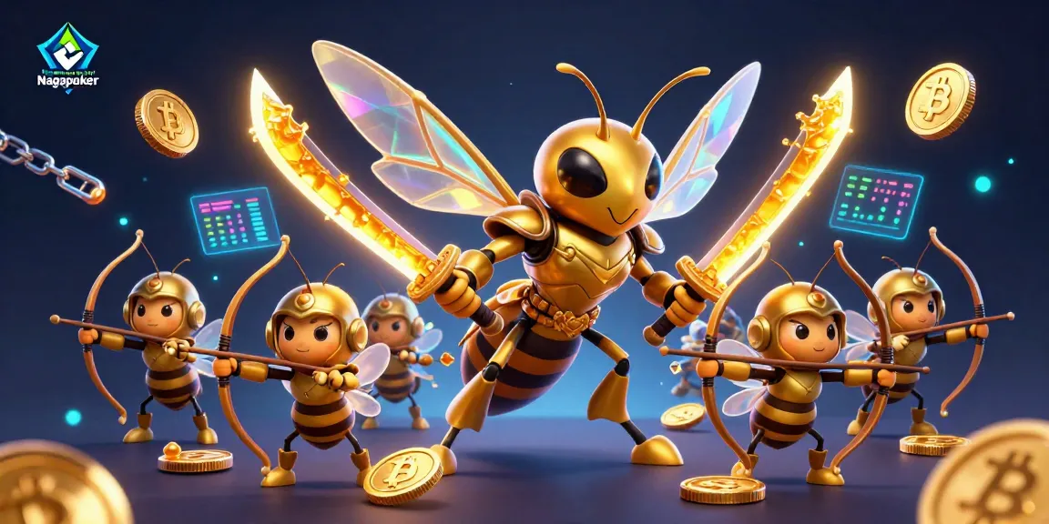 Situs Resmi Poker Online Nagapoker showcases a vibrant scene with a golden hornet samurai surrounded by crypto coins.