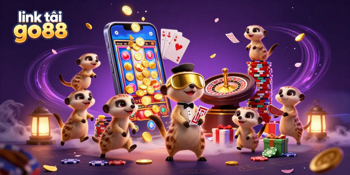 Experience the thrill with link tải go88 in a vibrant meerkat casino scene showcasing slots and card games.