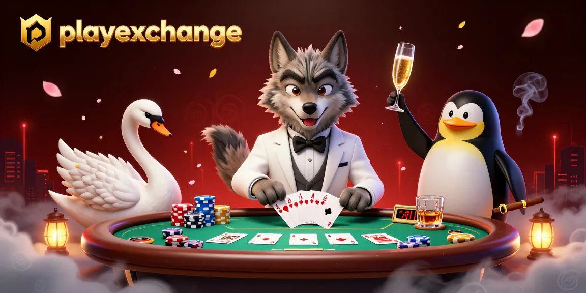 Engage in exciting playexchange gaming as a stylish wolf, elegant swan, and sophisticated penguin illustrate the casino experience.