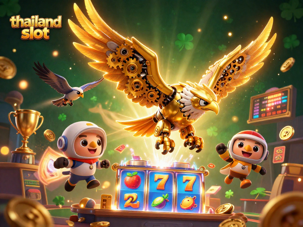 Experience thrilling gameplay with thailand slot as a golden eagle dives through holographic slot reels.