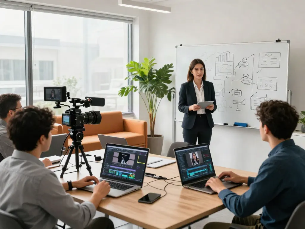 Team collaborating on corporate interview video production Long Beach, California.