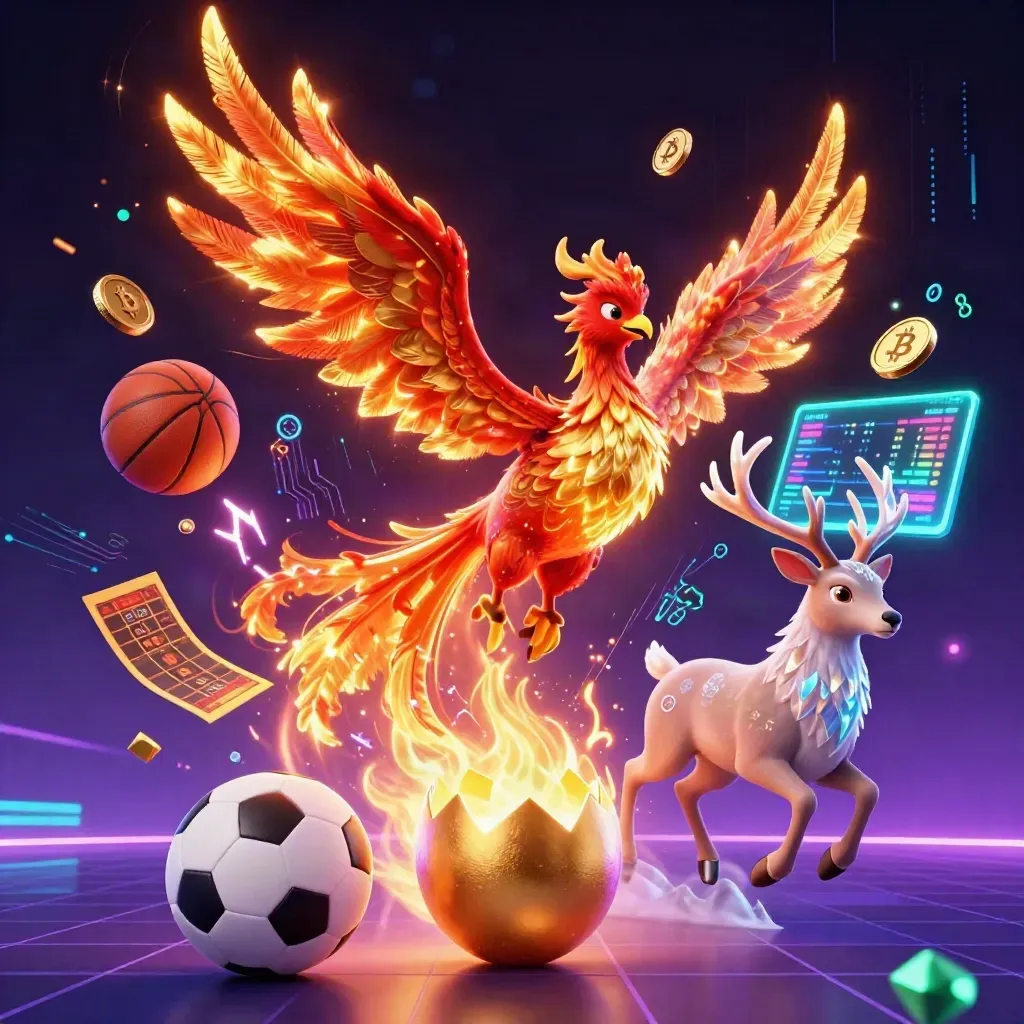 Phoenix, baby phoenix, and crystal stag burst through casino energy with coins and lightning.