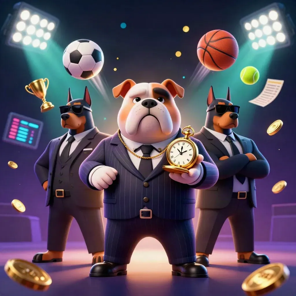 Bulldog boss and two Dobermans amid flying sports balls, coins, and casino glow.
