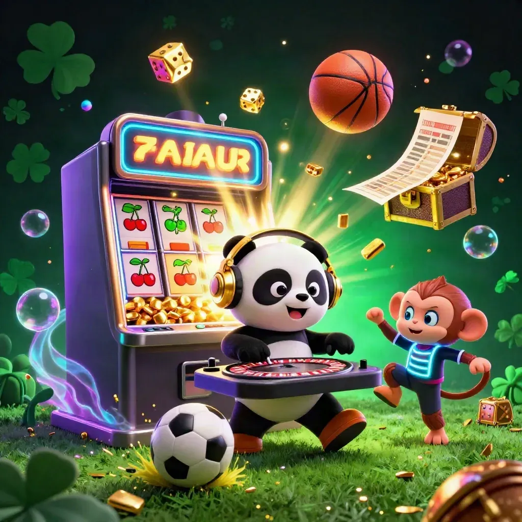 DJ panda, breakdancing monkey, and glow-stick kitten amid casino bursts and sports balls.