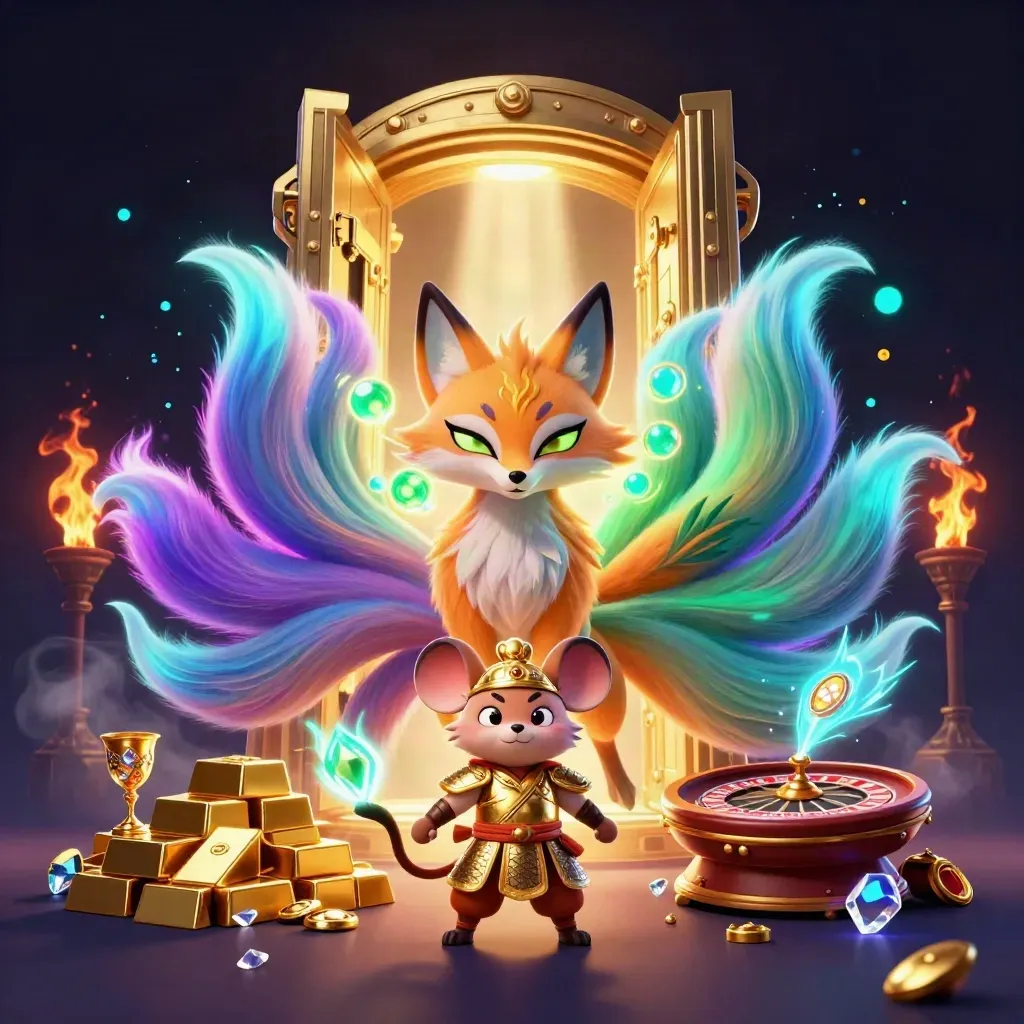 Nine-tailed fox spirit and armored mouse amid vault gold, neon glow, and casino magic