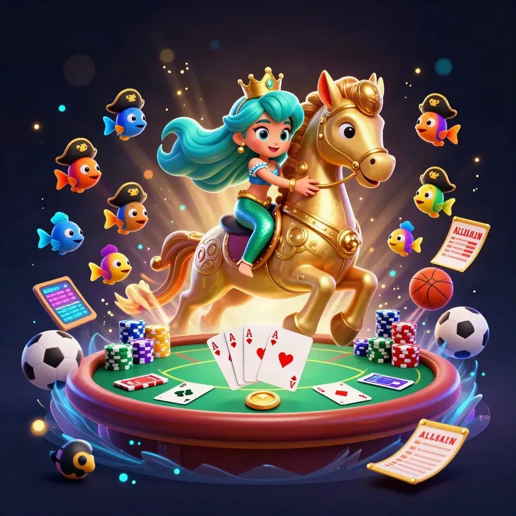 Mermaid princess on seahorse amid casino chips, poker cards, fish, and glowing sports gear.