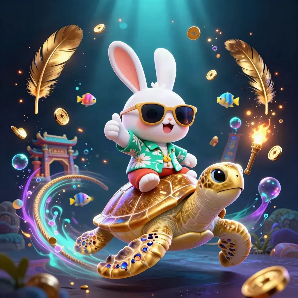Lucky rabbit rides a jeweled sea turtle amid coins, fish, temple gates, and glowing casino magic.