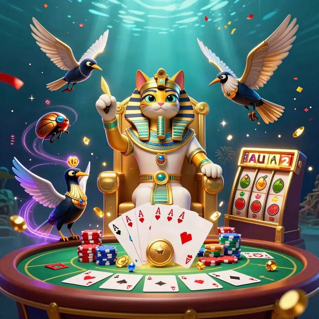 Pharaoh cat, ibis scribe, and gem-wing scarabs amid casino props and gold energy.