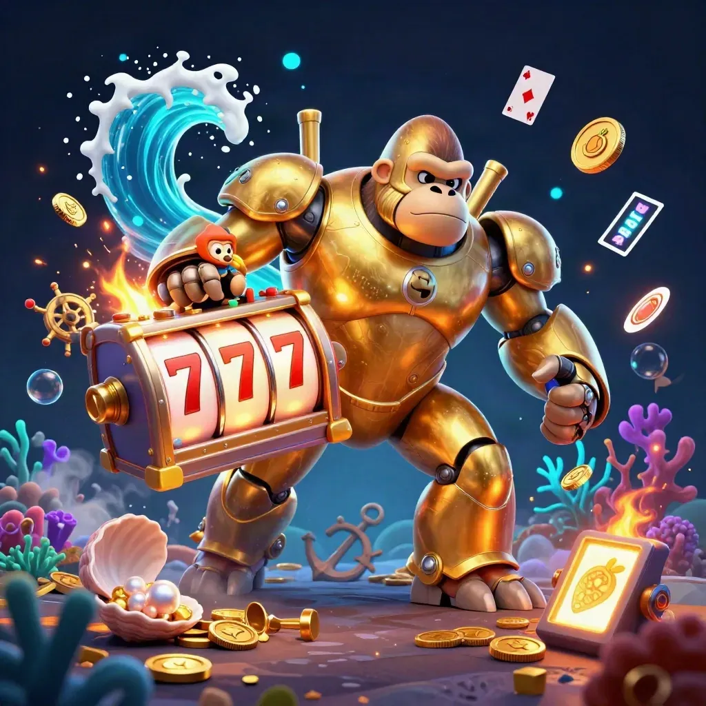 Golden gorilla mech in an underwater treasure cove, coins, coral, bubbles, and neon casino symbols exploding around it.