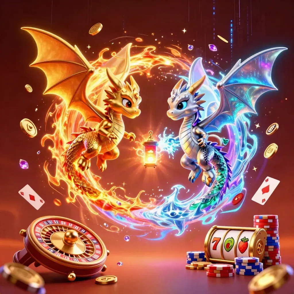 Twin gold and silver dragons spiral with fire, ice, coins, gems, and casino effects.