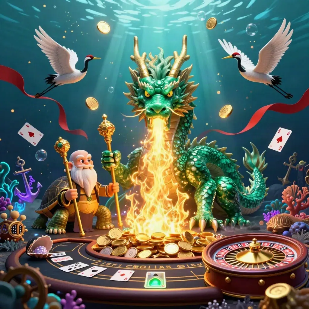 Emerald dragon, turtle sage and cranes amid gold coins, coral, cards and casino elements
