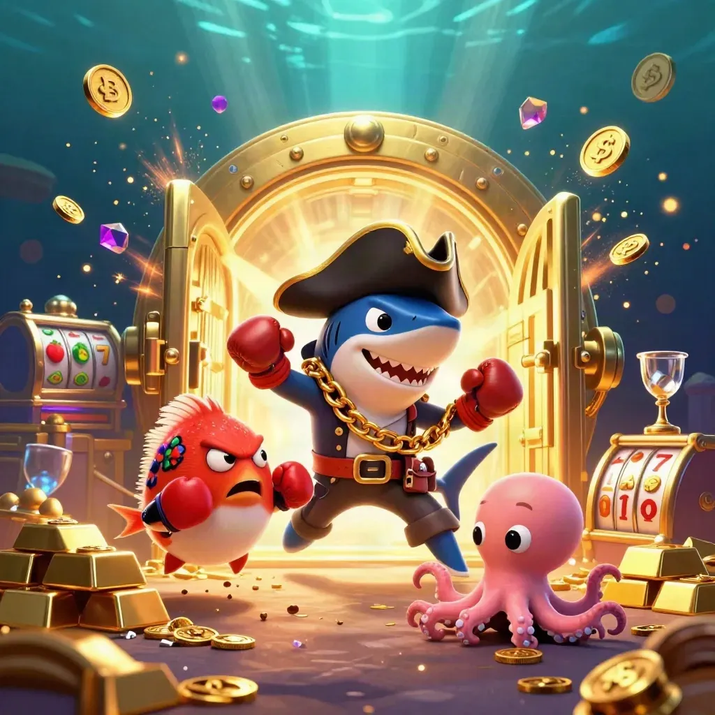 Shark pirate, red pufferfish, and baby octopus burst from a glowing vault underwater.