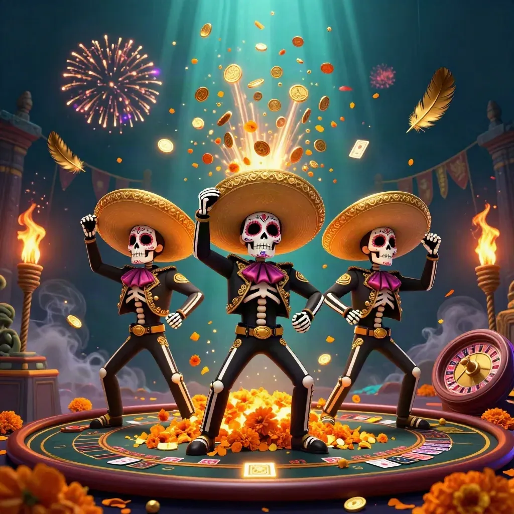 Skeleton mariachi trio amid casino coins, roulette spin, temple gate, and fiery luxury lights.