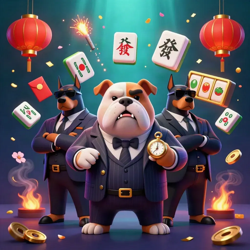 Cartoon bulldog boss with two doberman guards amid casino symbols, lanterns, coins, and glowing teal light.