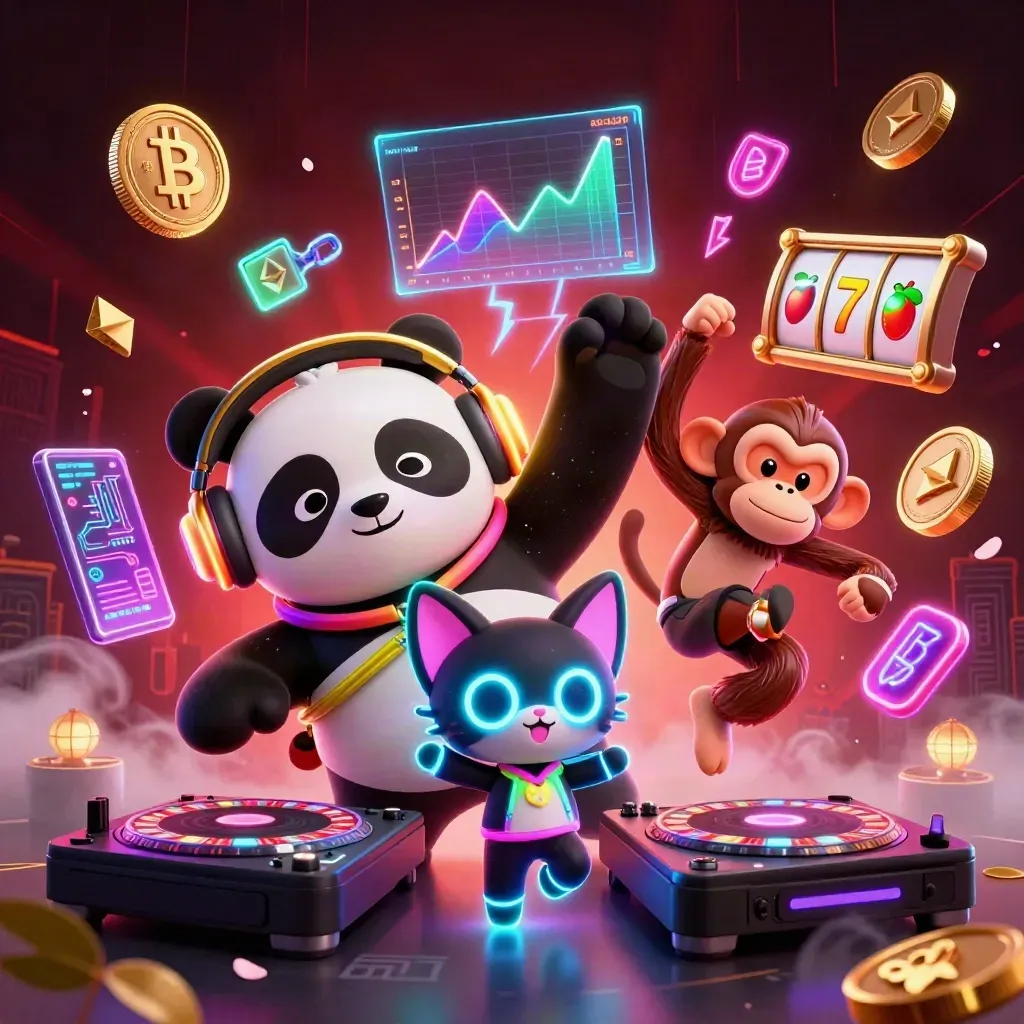 Neon casino trio: panda DJ, dancing monkey, and glow-stick kitten amid glowing slots and coins.