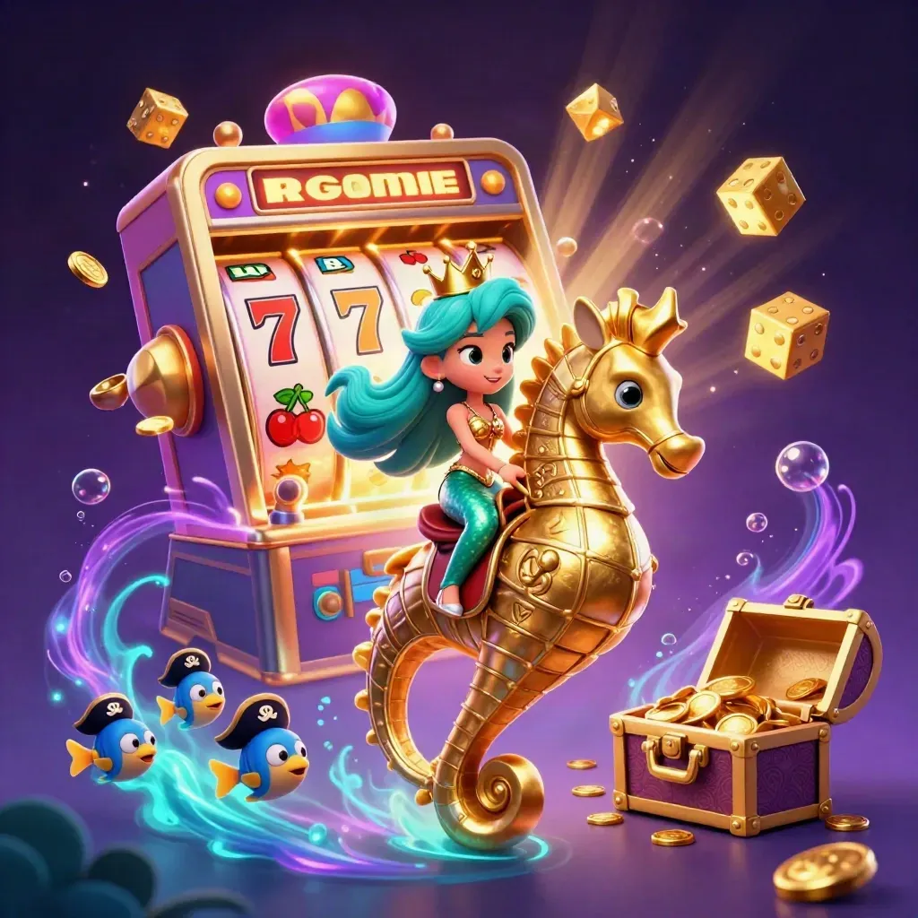 Mermaid princess on golden seahorse amid slot machine, dice, coins, and pirate fish