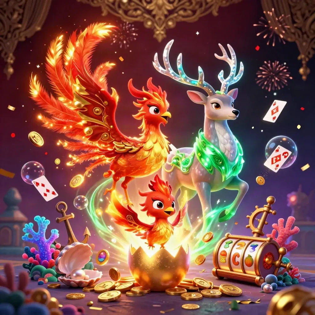Phoenix, stag, and hatchling amid casino treasure, gold sparks, and glowing slot symbols.