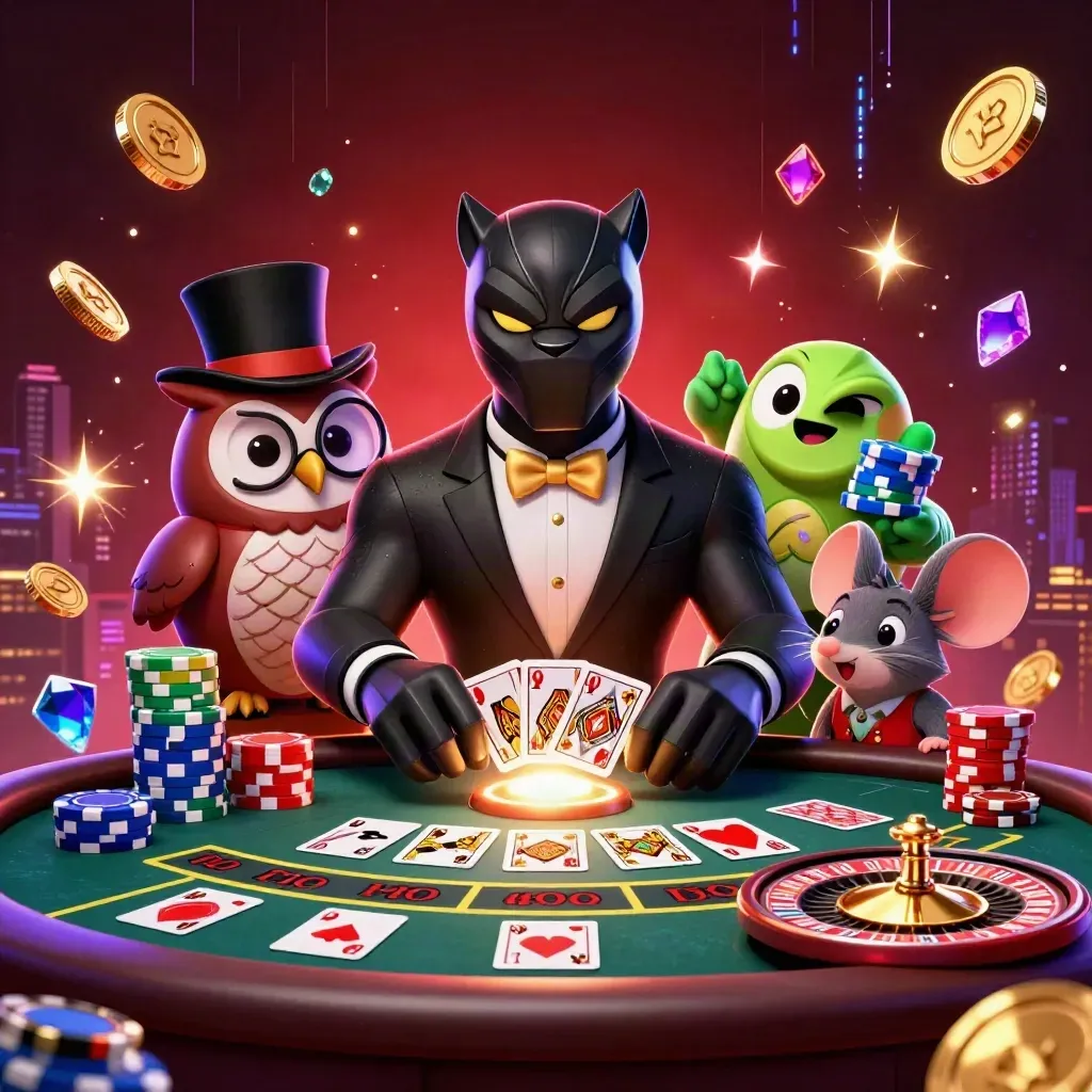 Panther, owl, and mouse amid glowing chips, cards, and a spinning roulette wheel.
