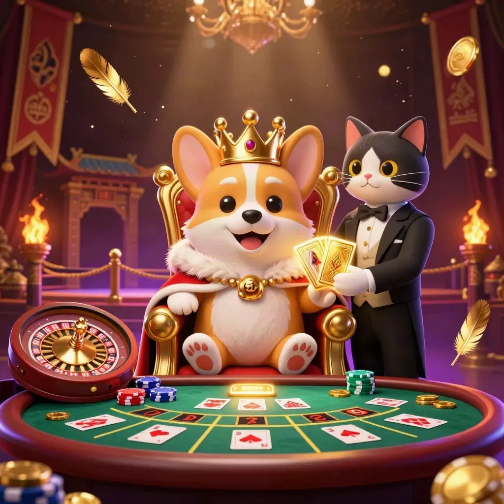 Royal corgi and cat butler amid casino chips, cards, gold glow, and mystical luxe effects.