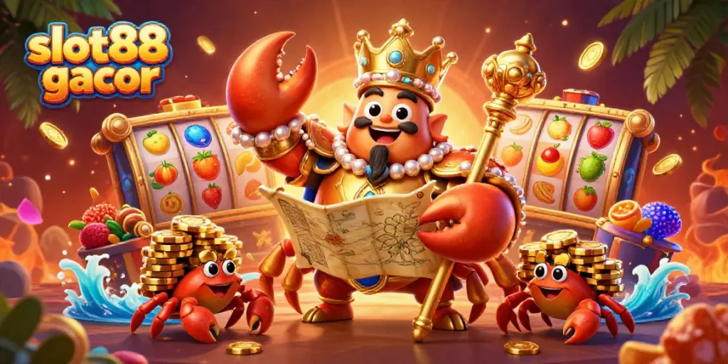 Permainan slot88 gacor dengan kepiting emas raksasa dan simbol slot yang berwarna-warni, menciptakan suasana kasino yang menarik.